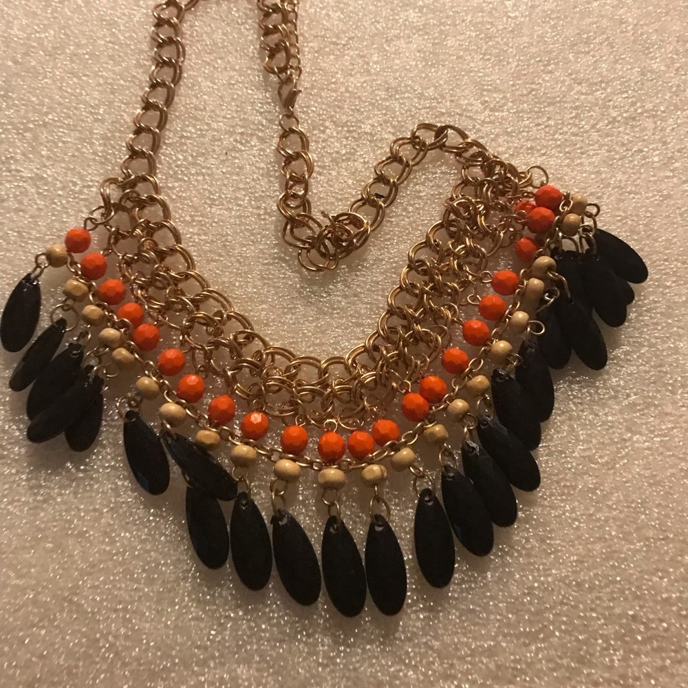 Gold Chain Statement Necklace with Orange and Black Accents